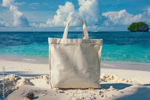 Mockup shopper handbag on tropical beach. Plain canvas bag on the beach photo