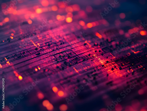 Abstract Background With Musical Notes and Vibrant Red Lights