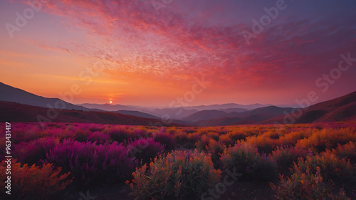 Colorful sunset over a vibrant flower field in the mountains, showcasing orange and purple hues during the golden hour