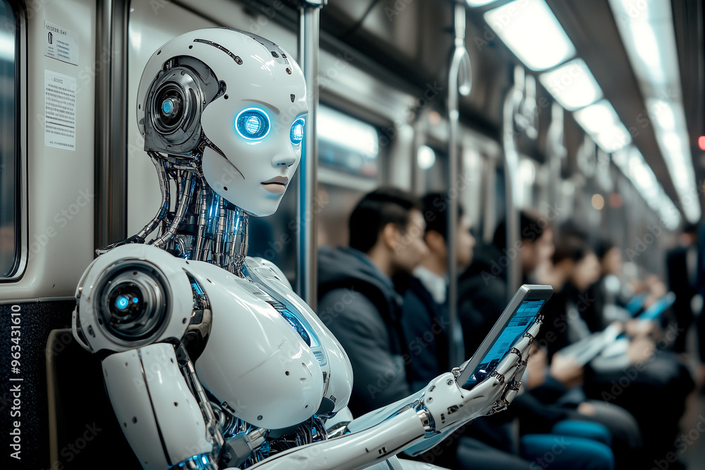 Close-up of robot using the subway with human under the rush hour vibe background. Generative AI. Close-up of robot using the subway with human under the rush hour vibe background. Generative AI.