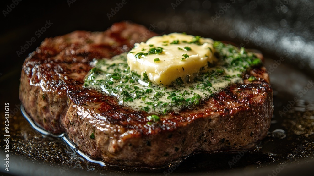 A detailed shot of a succulent steak topped with a pat of melted herb butter, with rich textures and a focus on the delicious surface A detailed shot of a succulent steak topped with a pat of melted herb butter, with rich textures and a focus on the delicious surface