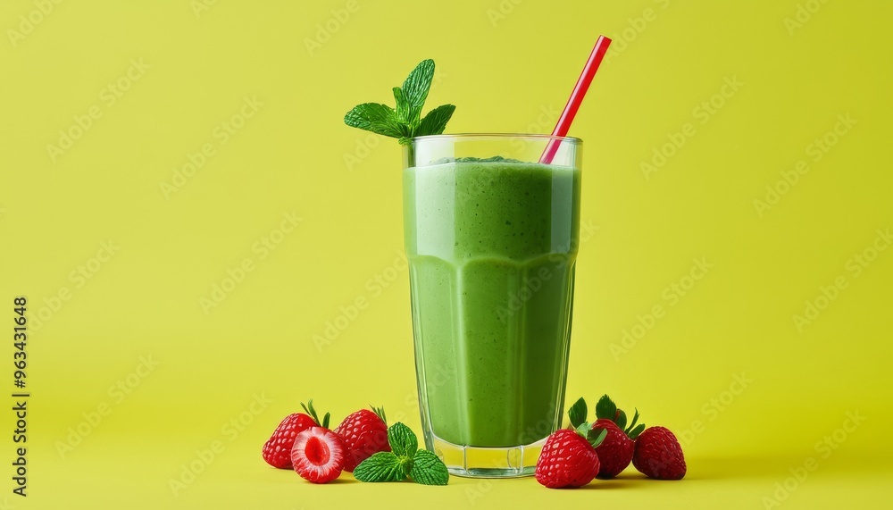 A refreshing green smoothie served in a tall glass with a red straw, garnished with fresh mint leaves and surrounded by strawberries, all set against a bold yellow background. The image exudes health A refreshing green smoothie served in a tall glass with a red straw, garnished with fresh mint leaves and surrounded by strawberries, all set against a bold yellow background. The image exudes health