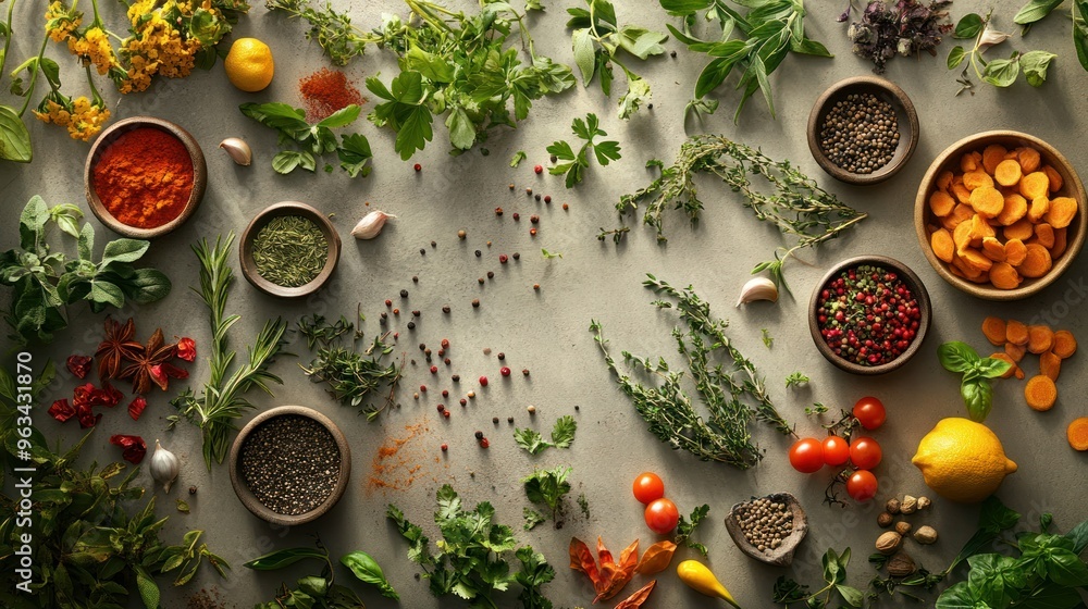 Assortment of Fresh Herbs, Spices, and Vegetables on a Grey Surface Assortment of Fresh Herbs, Spices, and Vegetables on a Grey Surface