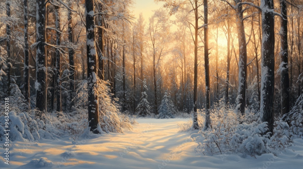 Sunlit Path Through a Snowy Winter Forest Sunlit Path Through a Snowy Winter Forest