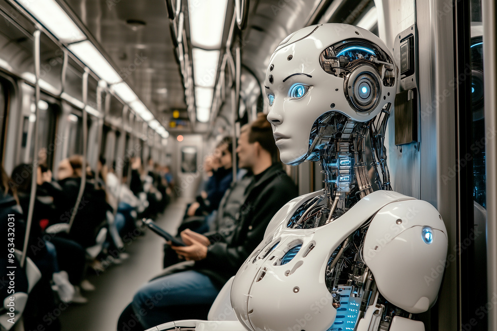 Fototapeta premium Close-up of robot using the subway with human under the rush hour vibe background. Generative AI. 