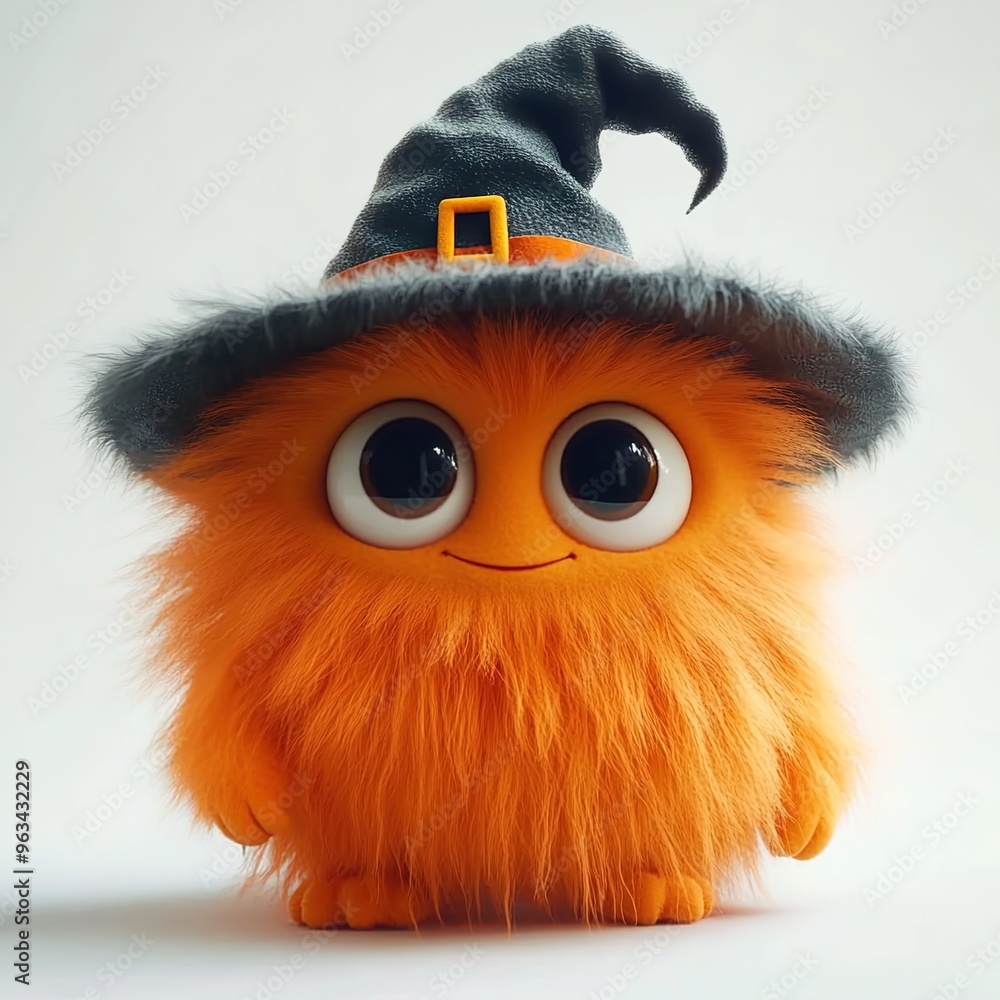 Fototapeta premium 3D render of a cute orange monster wearing a witch hat,halloween 