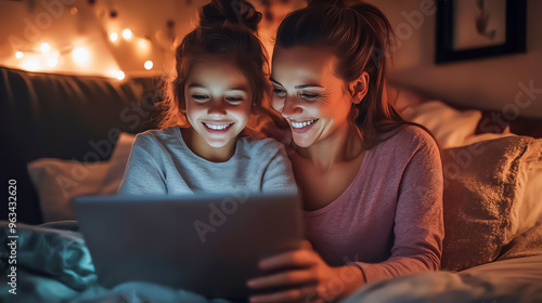 A smiling mother and daughter sit together with a laptop, homeschooling in a cozy bedroom, sharing a productive and loving moment