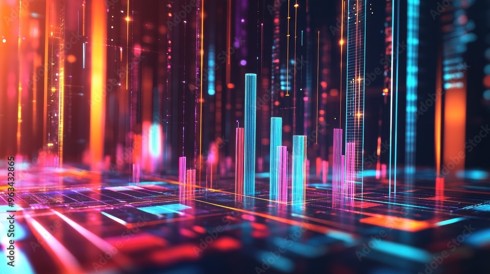 A dynamic 3D bar chart with bars of various heights and vibrant colors, floating in a digital space with futuristic elements. A dynamic 3D bar chart with bars of various heights and vibrant colors, floating in a digital space with futuristic elements.