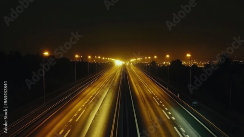 A dramatic shot of a long, empty highway at night, with bright headlights and distant city lights visible on the horizon.