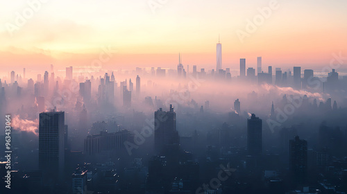 City skyline with morning haze, Monday morning, urban awakening