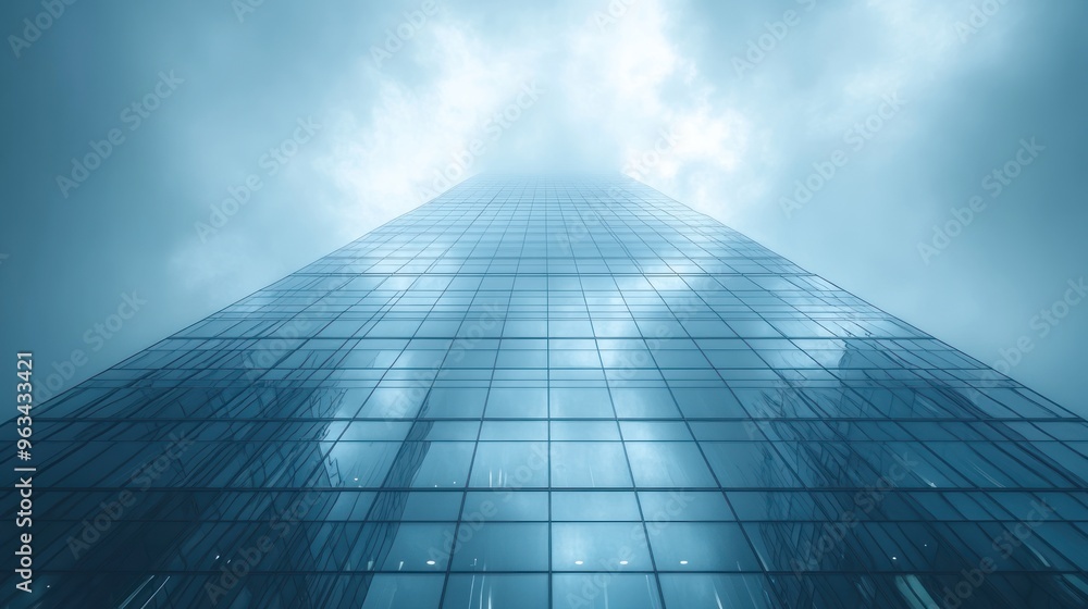 A towering glass skyscraper reaching into cloudy skies. A towering glass skyscraper reaching into cloudy skies.