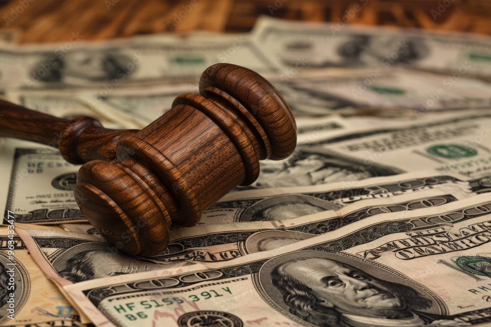 Wooden judge's gavel is lying on top of a pile of american hundred dollar bills, suggesting concepts of financial crime and legal disputes over money Wooden judge's gavel is lying on top of a pile of american hundred dollar bills, suggesting concepts of financial crime and legal disputes over money