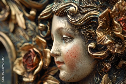 Golden antique sculpture of a woman face with flowers in her hair looking left