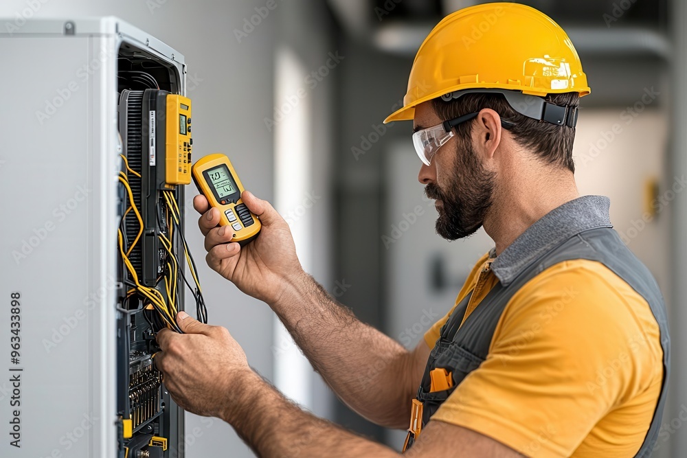 Repairman using a multimeter to test air conditioner electrical ...