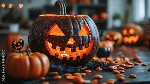 A carved jack-o-lantern with a lit candle inside, sitting on a table with other pumpkins and black spider web decorations. photo