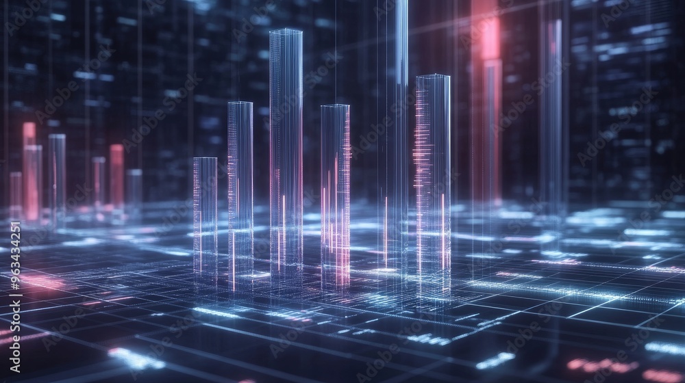 A futuristic 3D bar graph with transparent, glass-like bars ascending from a digital grid, showcasing data analytics. A futuristic 3D bar graph with transparent, glass-like bars ascending from a digital grid, showcasing data analytics.