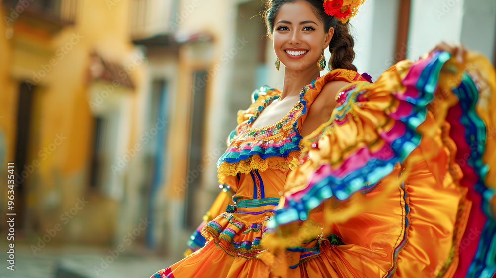 Graceful Mexican woman dancing in a colorful traditional dress at a vibrant fiesta Graceful Mexican woman dancing in a colorful traditional dress at a vibrant fiesta