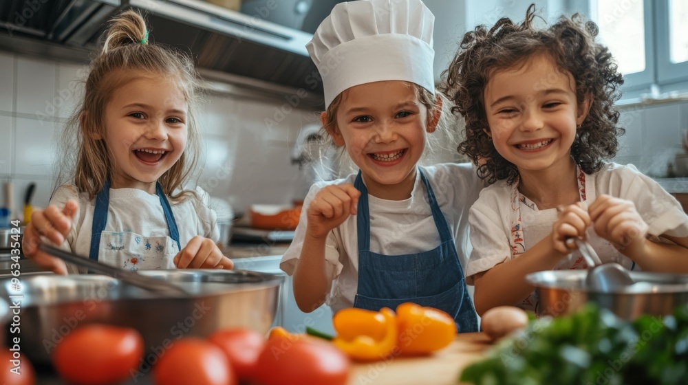 Diverse children cooking together in school kitchen competition teamwork and creativity in action, Class room activity.