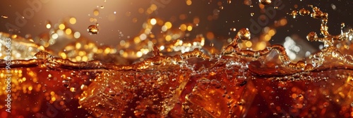 Pouring of Cola and Ice Cola soda and ice splashing fizzing or floating up to top of surface Close up of ice in cola water Texture of carbonate drink with bubbles in glass Cold drink background 