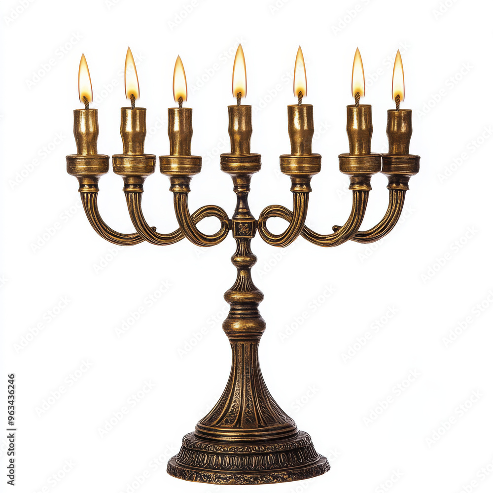 A brass and gold menorah isolated on a white background A brass and gold menorah isolated on a white background