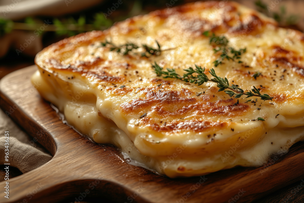 Delicious layers of creamy gratin dauphinois potato with a golden crust served on a rustic wooden board in a cozy kitchen setting Delicious layers of creamy gratin dauphinois potato with a golden crust served on a rustic wooden board in a cozy kitchen setting