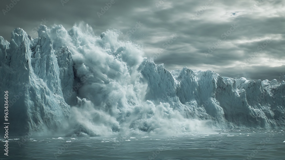A collapsing glacier pouring into the ocean, visually depicting the rapid meltdown happening in polar regions due to unchecked global warming and its devastating impacts. A collapsing glacier pouring into the ocean, visually depicting the rapid meltdown happening in polar regions due to unchecked global warming and its devastating impacts.