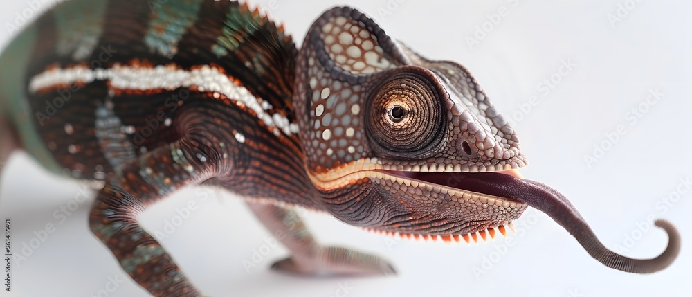 Obraz premium Chameleon with tongue hanging out close-up on a white background. Copy space.