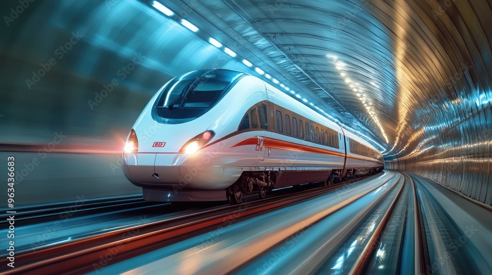 Fototapeta premium A high-speed train traveling through a tunnel, with motion blur effects capturing the swift movement and sleek design of the train.
