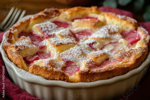 Delightful rhubarb ricotta bread and butter pudding served warm in a rustic kitchen setting photo