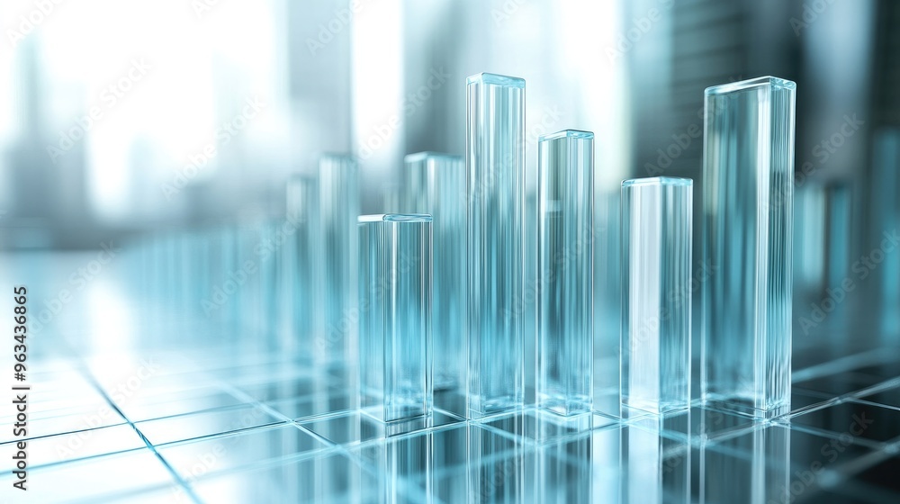A highly detailed 3D bar graph with transparent bars rising from a grid, symbolizing advanced data analysis in finance or marketing. A highly detailed 3D bar graph with transparent bars rising from a grid, symbolizing advanced data analysis in finance or marketing.