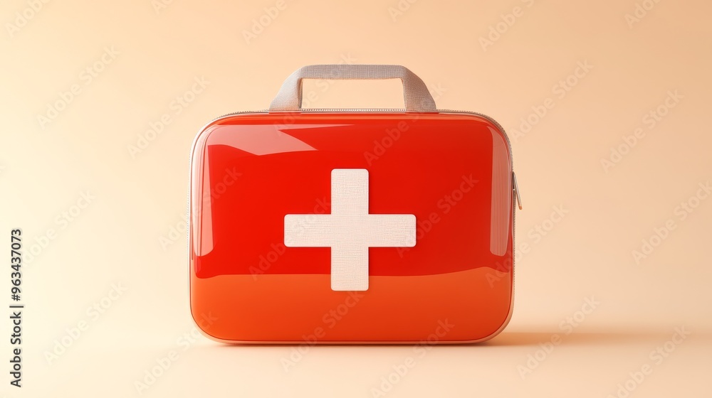 A bold red first aid kit with a white plus symbol on the lid against a ...