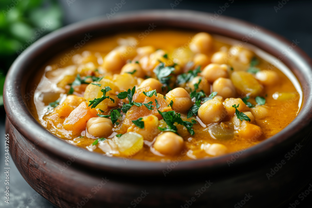 Enjoying a hearty bowl of traditional Spanish cocido chickpeas with fresh herbs on a cozy evening Enjoying a hearty bowl of traditional Spanish cocido chickpeas with fresh herbs on a cozy evening