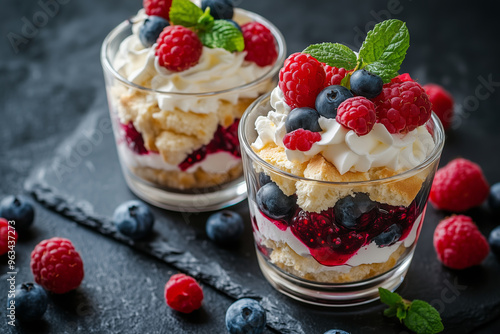 Delicious eton mess dessert layered with whipped cream, fresh raspberries, and blueberries on a dark stone background