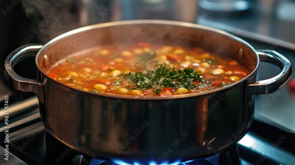A large stockpot on the stove, filled with a hearty soup or broth, with vegetables and herbs visible through the clear glass lid. A large stockpot on the stove, filled with a hearty soup or broth, with vegetables and herbs visible through the clear glass lid.