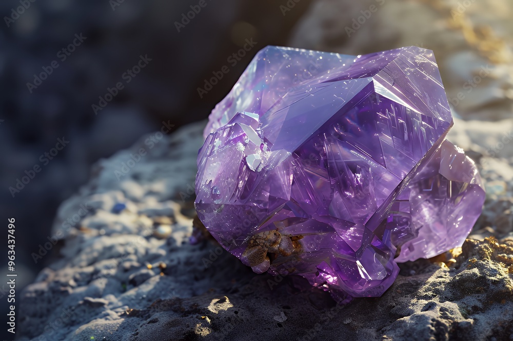 A large, deep purple amethyst crystal rests on a rough, grey surface with the warm light of the sun catching it. A large, deep purple amethyst crystal rests on a rough, grey surface with the warm light of the sun catching it.