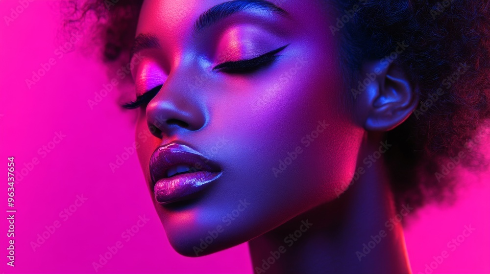 A woman with dark hair and a purple background A woman with dark hair and a purple background