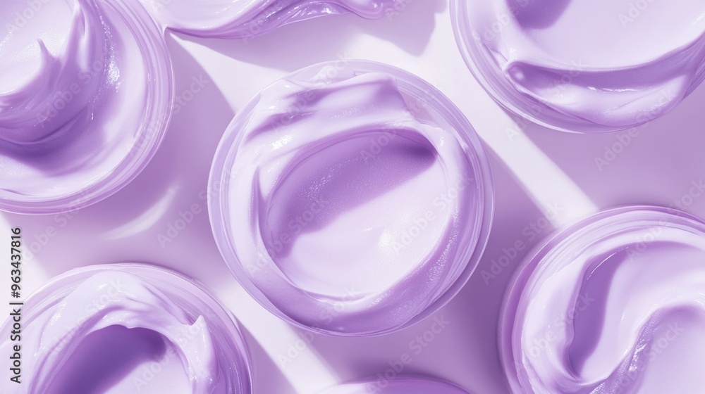 A row of purple containers of cream A row of purple containers of cream