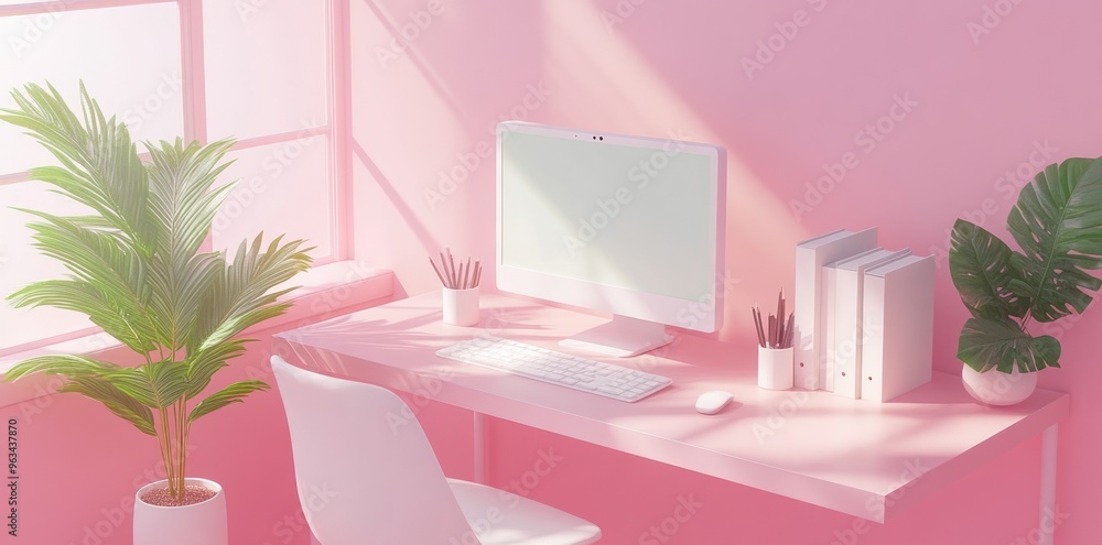 Minimalist Pink Workspace with Computer and Plants Minimalist Pink Workspace with Computer and Plants