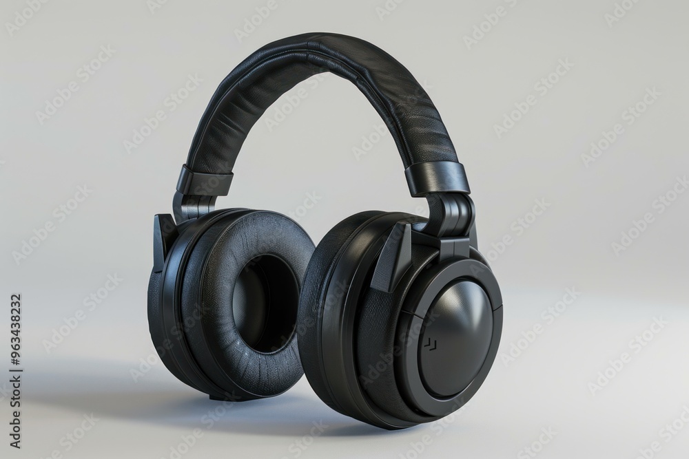 Black headphones with leatherette earpads resting on a white background Black headphones with leatherette earpads resting on a white background