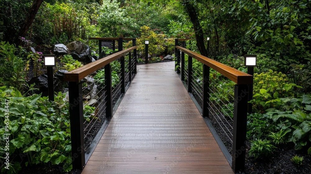 Obraz premium Eco-friendly A garden pathway with handrails and space for the visually impaired, a natural and welcoming environment