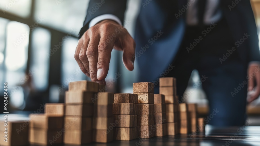 A business leader hand stacking wooden blocks, symbolizing building success, growth, and strategic development in business. A business leader hand stacking wooden blocks, symbolizing building success, growth, and strategic development in business.