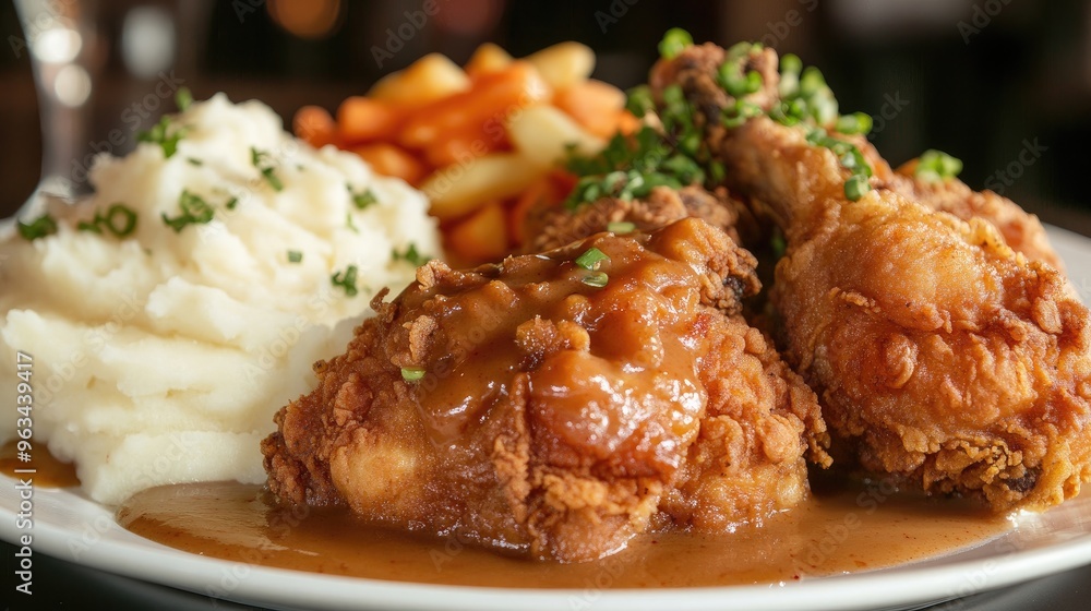 A plate of crispy fried chicken with a side of mashed potatoes and gravy, highlighting the crunchy texture and rich flavors. A plate of crispy fried chicken with a side of mashed potatoes and gravy, highlighting the crunchy texture and rich flavors.