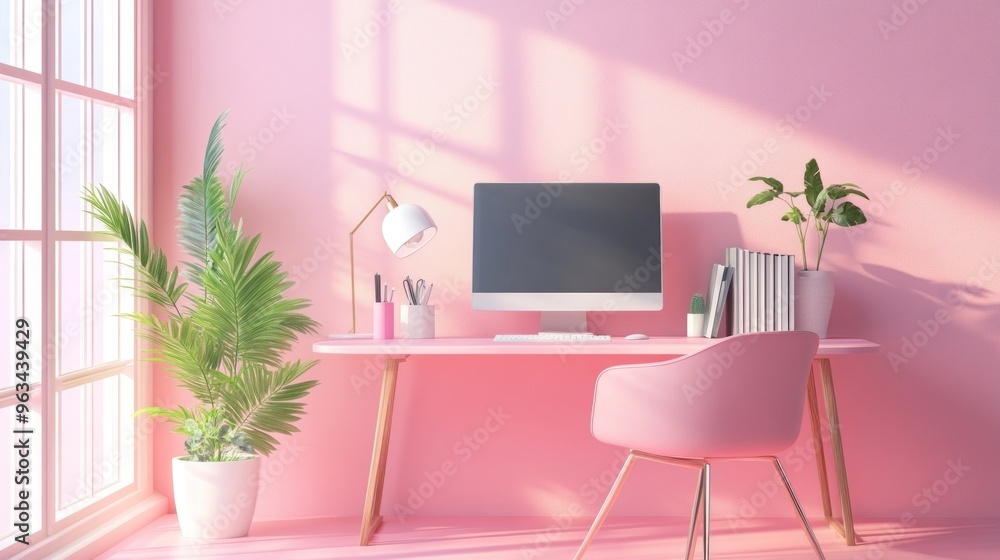 Fototapeta premium Pink Minimalist Home Office with Desk, Chair, and Plants
