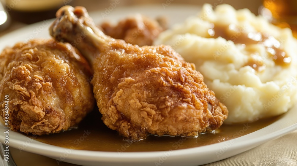 A plate of crispy fried chicken with a side of mashed potatoes and gravy, highlighting the crunchy texture and rich flavors.