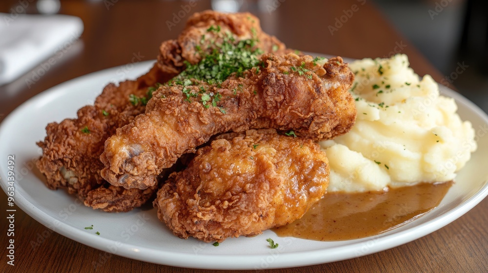 A plate of crispy fried chicken with a side of mashed potatoes and gravy, highlighting the crunchy texture and rich flavors. A plate of crispy fried chicken with a side of mashed potatoes and gravy, highlighting the crunchy texture and rich flavors.