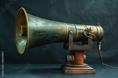 Antique brass megaphone standing on wooden base, emanating an aura of history and communication from a bygone era photo