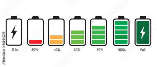 Battery charging indicator icon in white background. Fully charged and discharged battery in 0 to 100 % level  icon. Vector illustration.
