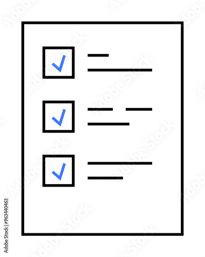 A document with three checkboxes, each marked with a blue check, and corresponding lines representing text. Ideal for task management, surveys, checklists, productivity, and organization.