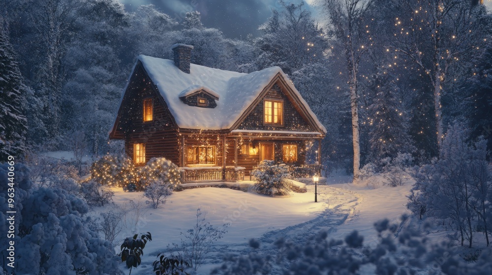 Fototapeta premium A Cozy Log Cabin Nestled in a Snowy Forest with Twinkling Lights
