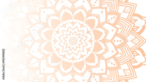 Round mandala on dreamy peach fuzz gradient background. Translucent mesh pattern in the form of a mandala. Mandala with floral patterns. Pastel Yoga template. Gradient background with round mandala